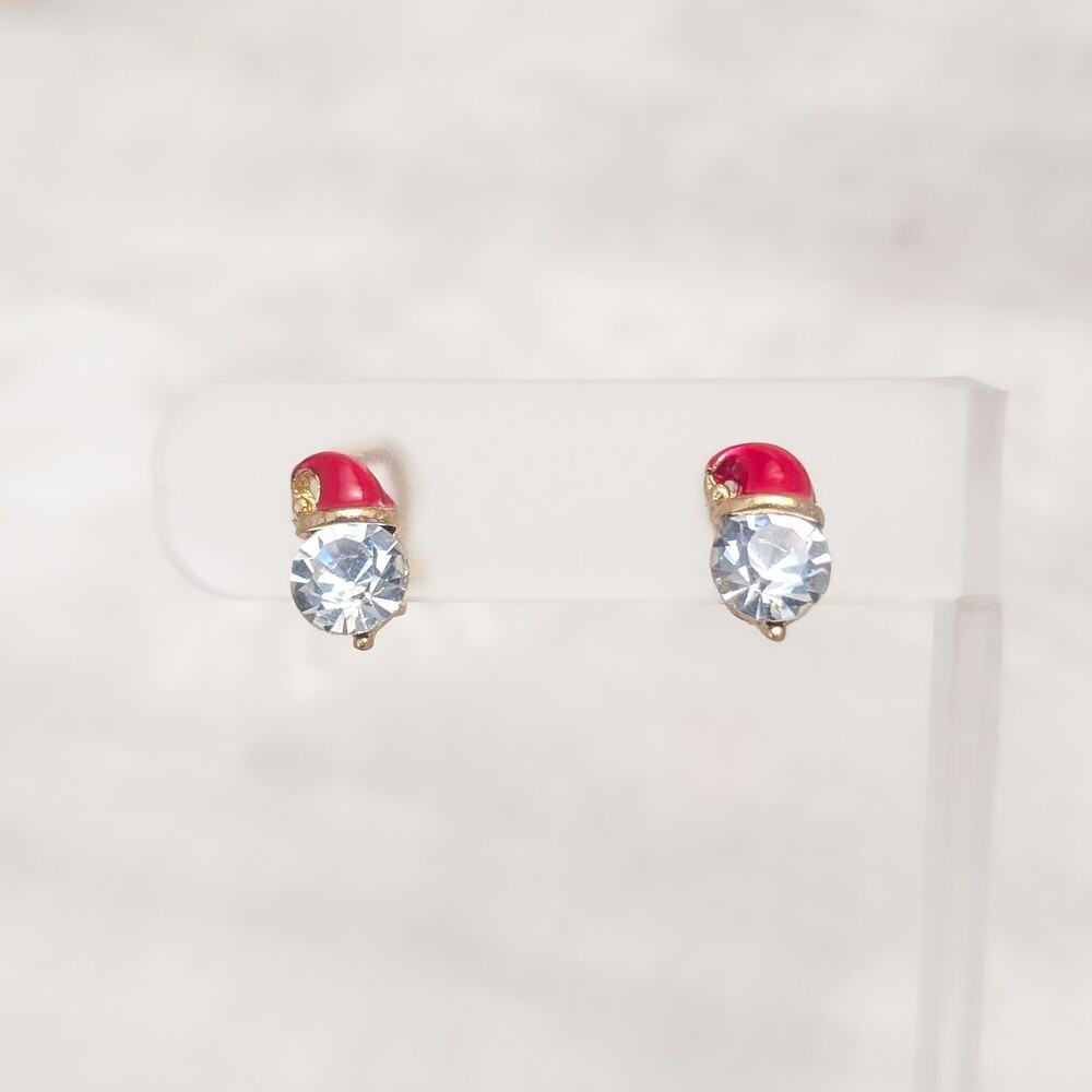 Santa Clip On Earrings with Clear Gem Christmas Theme St Nick Santa Claus